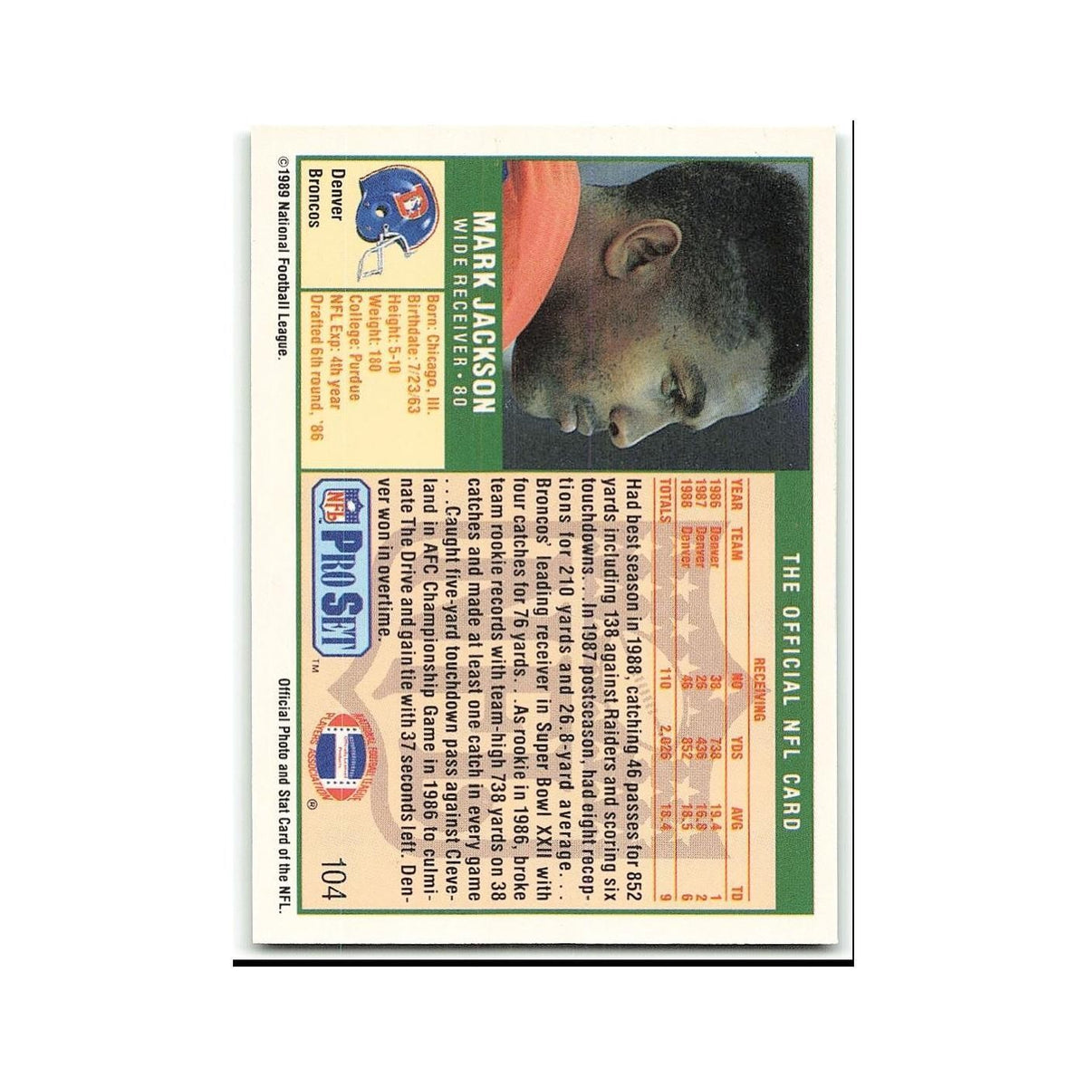 Mark Jackson 1989 Pro Set #104 Denver Broncos Football Card NM