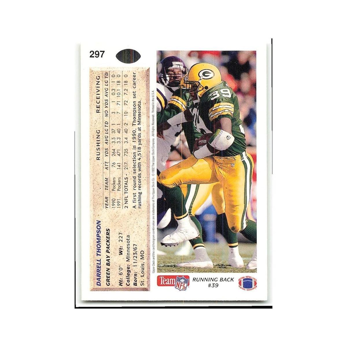 Darrell Thompson 1992 Upper Deck #297 Green Bay Packers Football Card NM