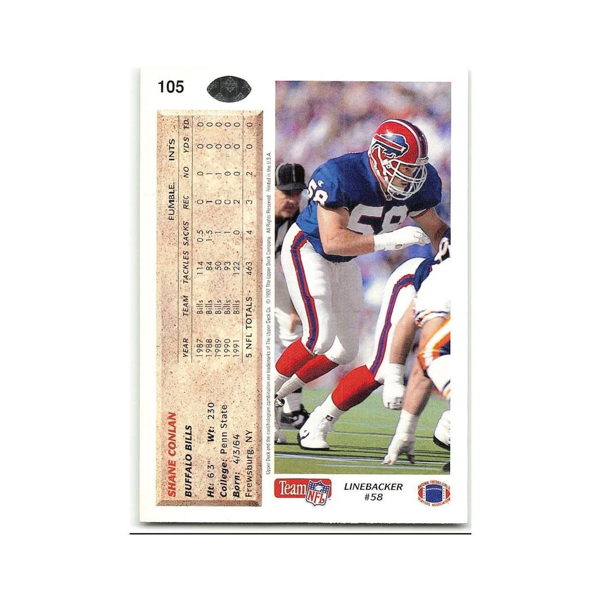 Shane Conlan 1992 Upper Deck #105 Buffalo Bills Football Card NM