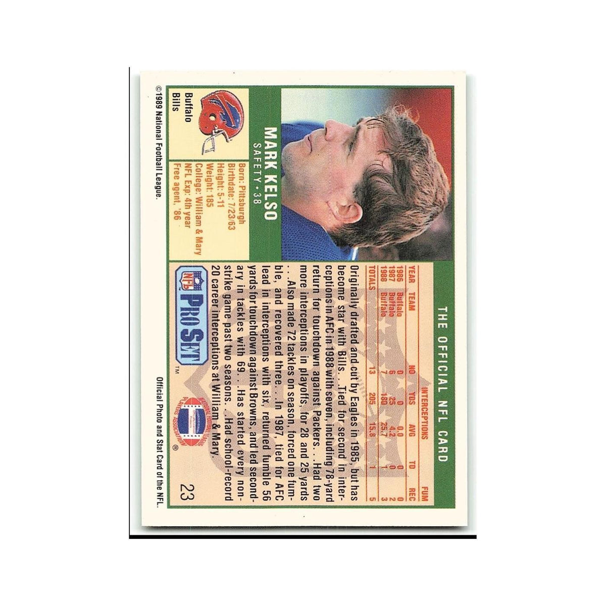 Mark Kelso 1989 Pro Set #23 Buffalo Bills Football Card NM