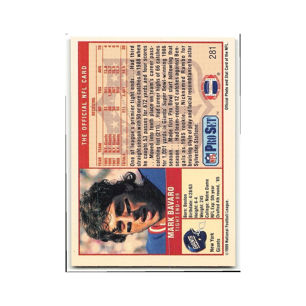 Mark Bavaro 1989 Pro Set #281 New York Giants Football Card NM