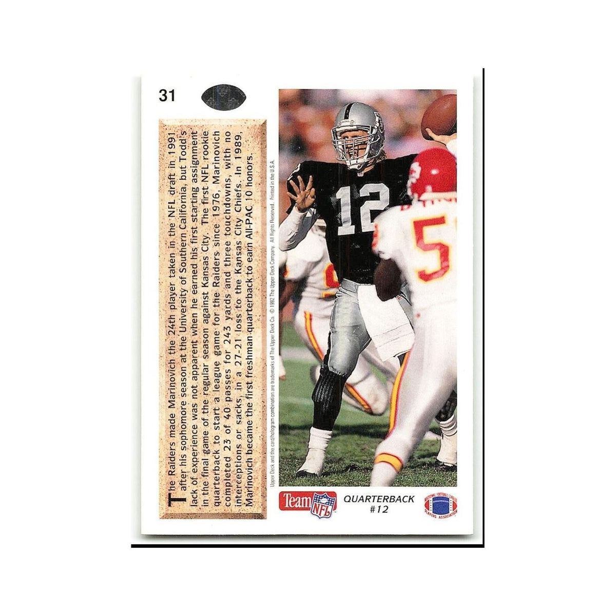 Todd Marinovich 1992 Upper Deck #31 Los Angeles Raiders Football Card NM