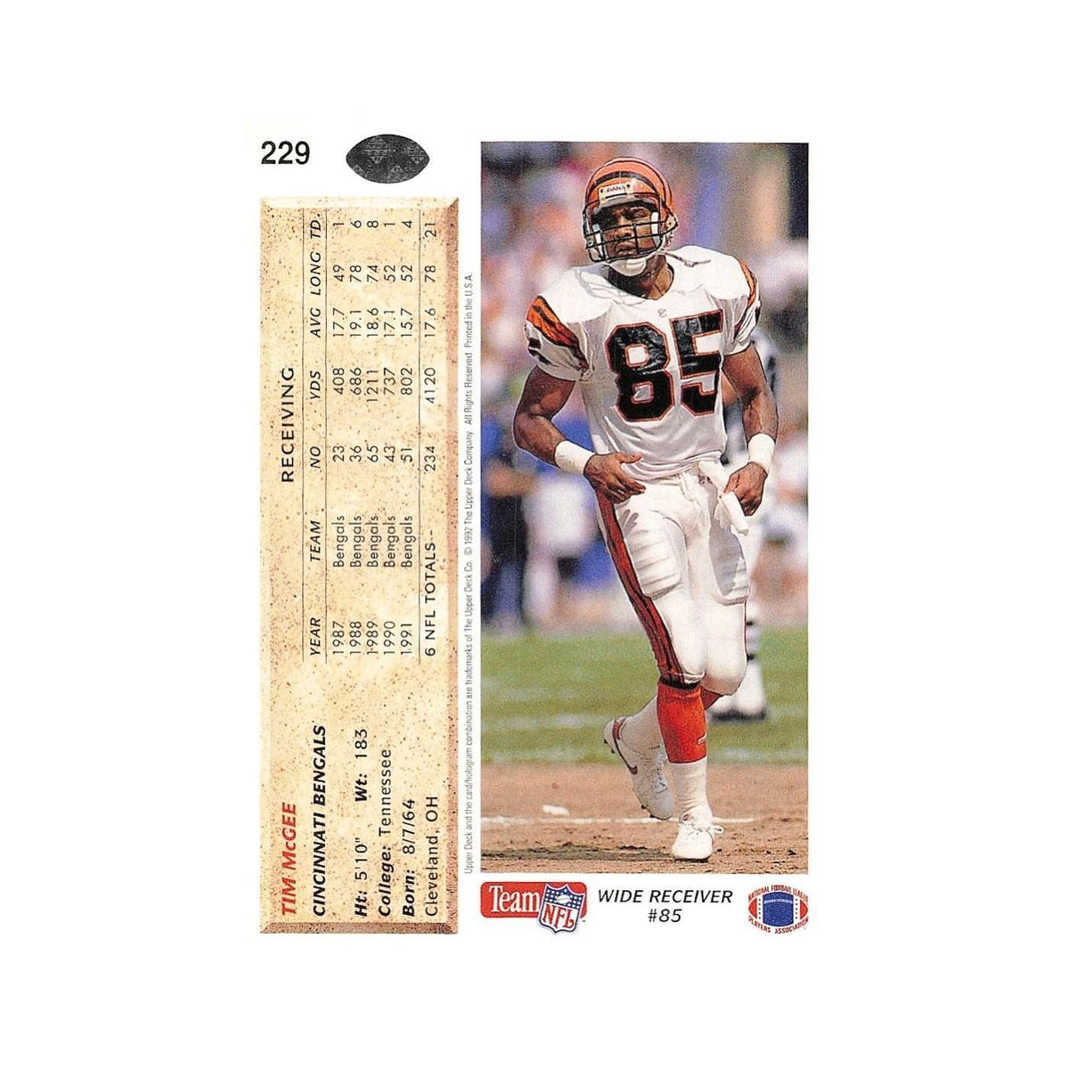 Tim McGee 1992 Upper Deck #229 Cincinnati Bengals Football Card NM