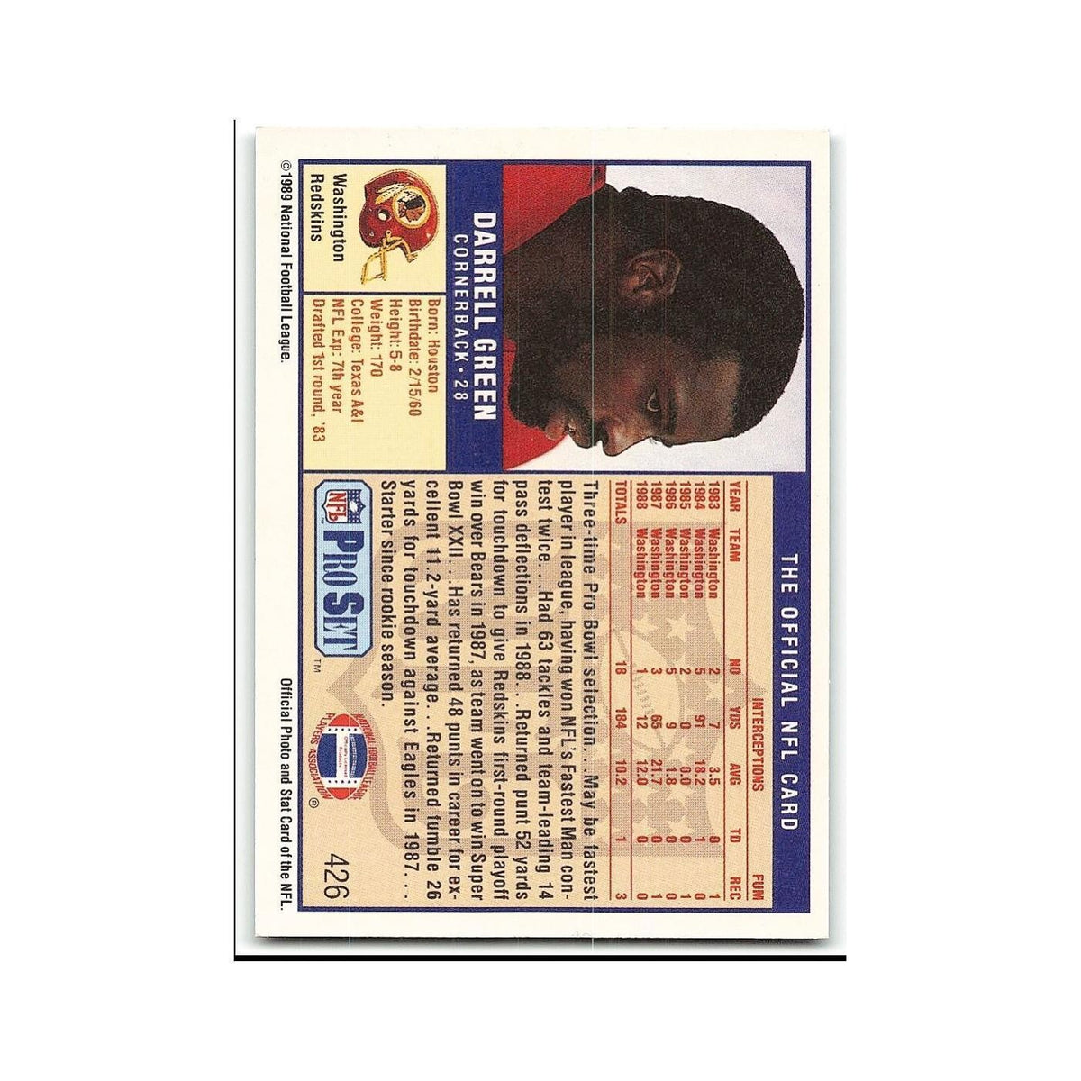 Darrell Green 1989 Pro Set #426 Washington Redskins Football Card NM