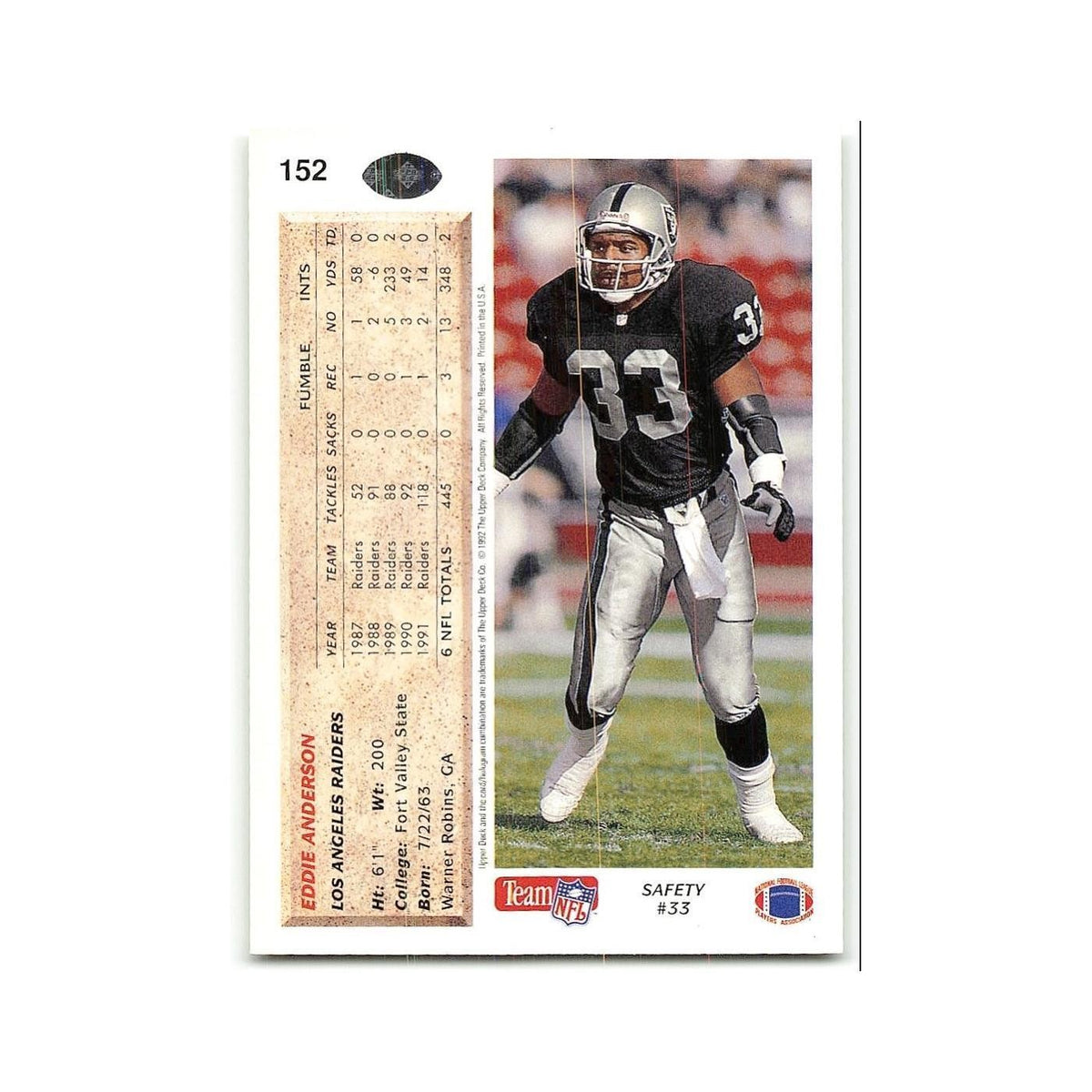Eddie Anderson 1992 Upper Deck #152 Los Angeles Raiders Football Card NM