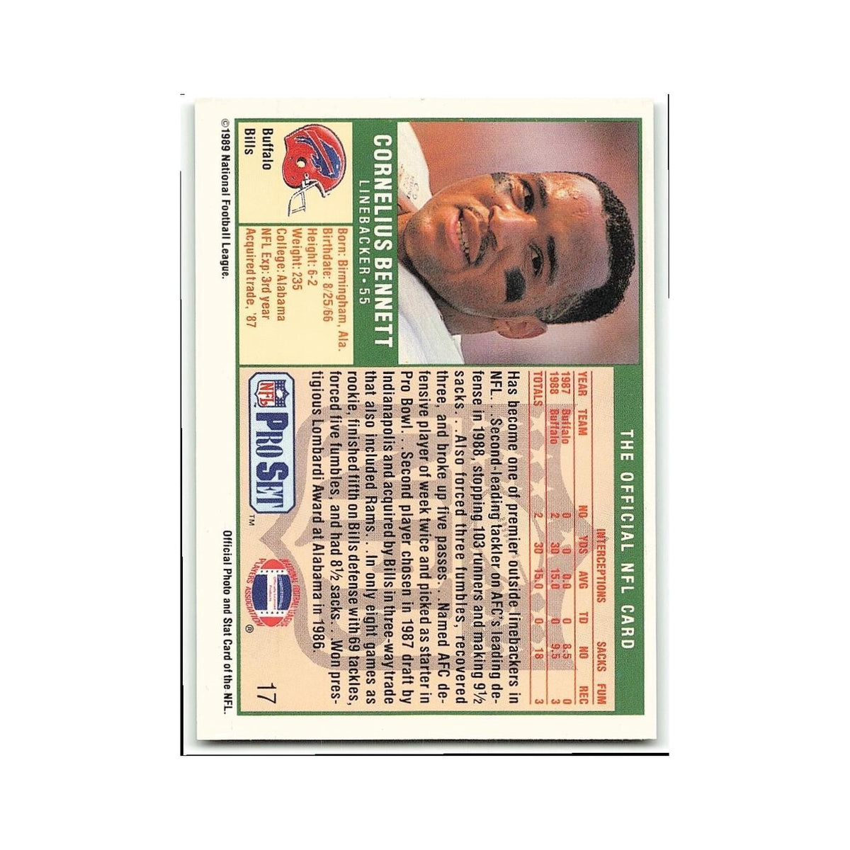 Cornelius Bennett 1989 Pro Set #17 Buffalo Bills Football Card NM