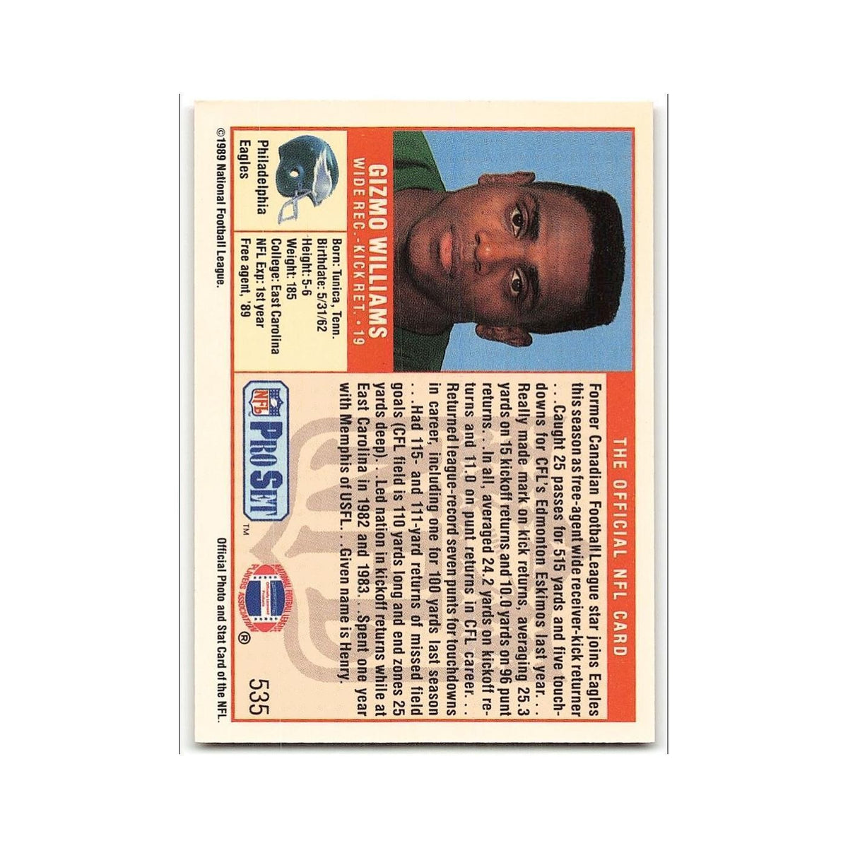 Gizmo Williams Rookie 1989 Pro Set #535A Philadelphia Eagles Football Card NM