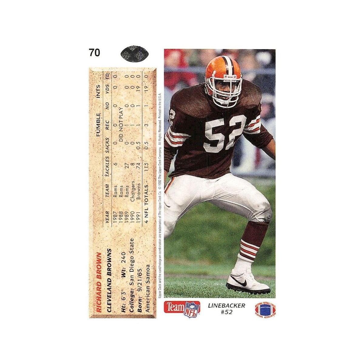 Richard Brown Rookie 1992 Upper Deck #70 Cleveland Browns Football Card NM