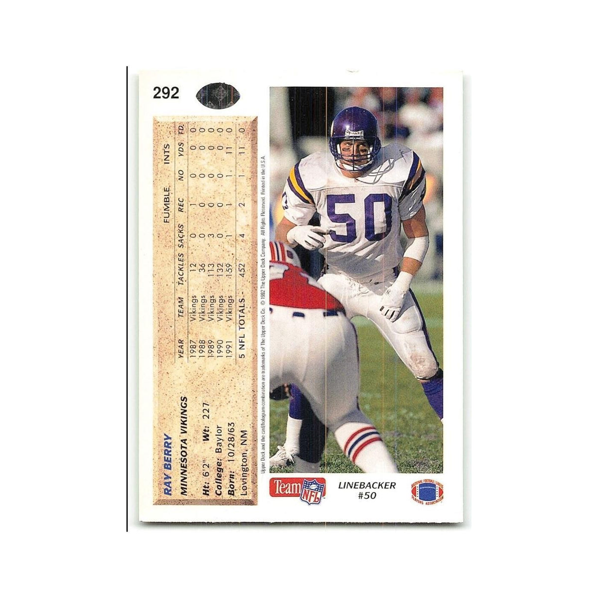 Ray Berry 1992 Upper Deck #292 Minnesota Vikings Football Card NM