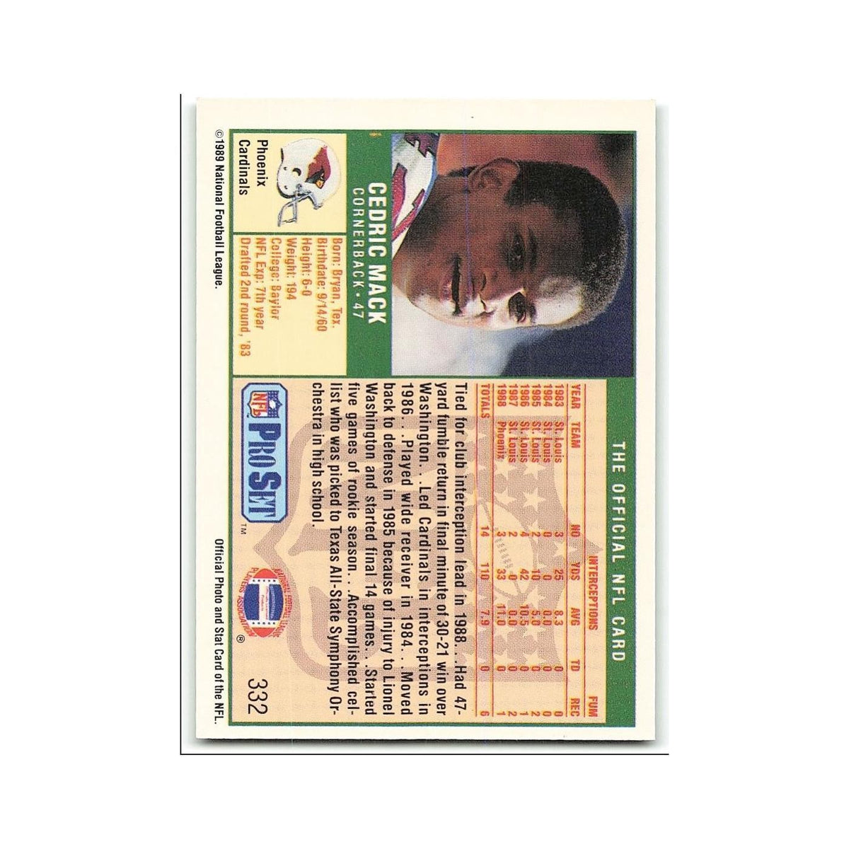 Cedric Mack 1989 Pro Set #332 Phoenix Cardinals Football Card NM