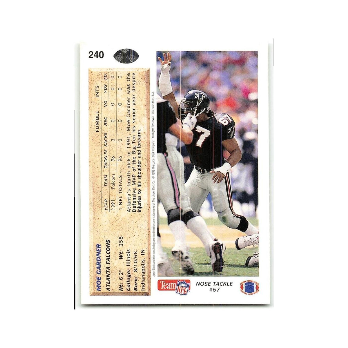 Moe Gardner 1992 Upper Deck #240 Atlanta Falcons Football Card NM