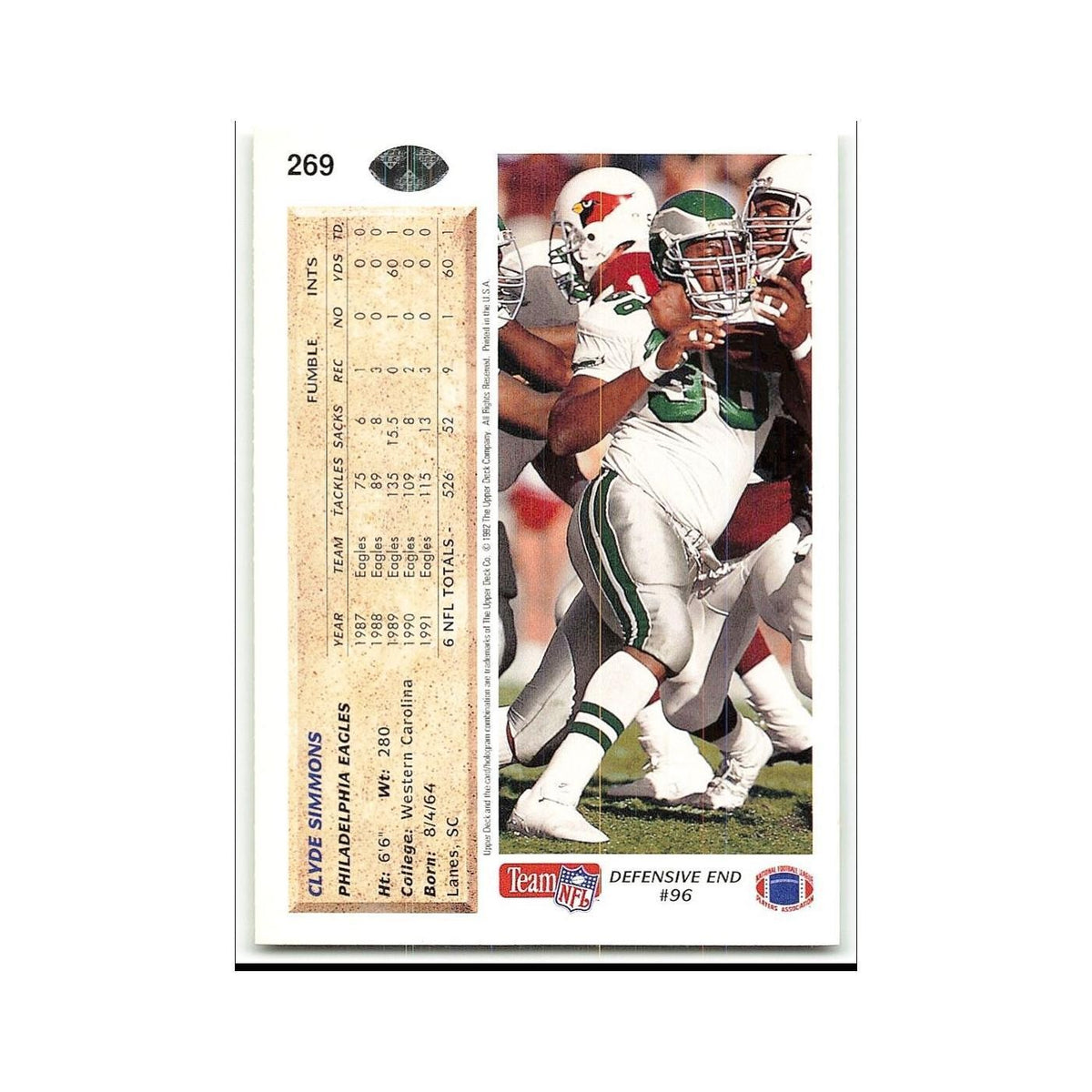 Clyde Simmons 1992 Upper Deck #269 Philadelphia Eagles Football Card NM
