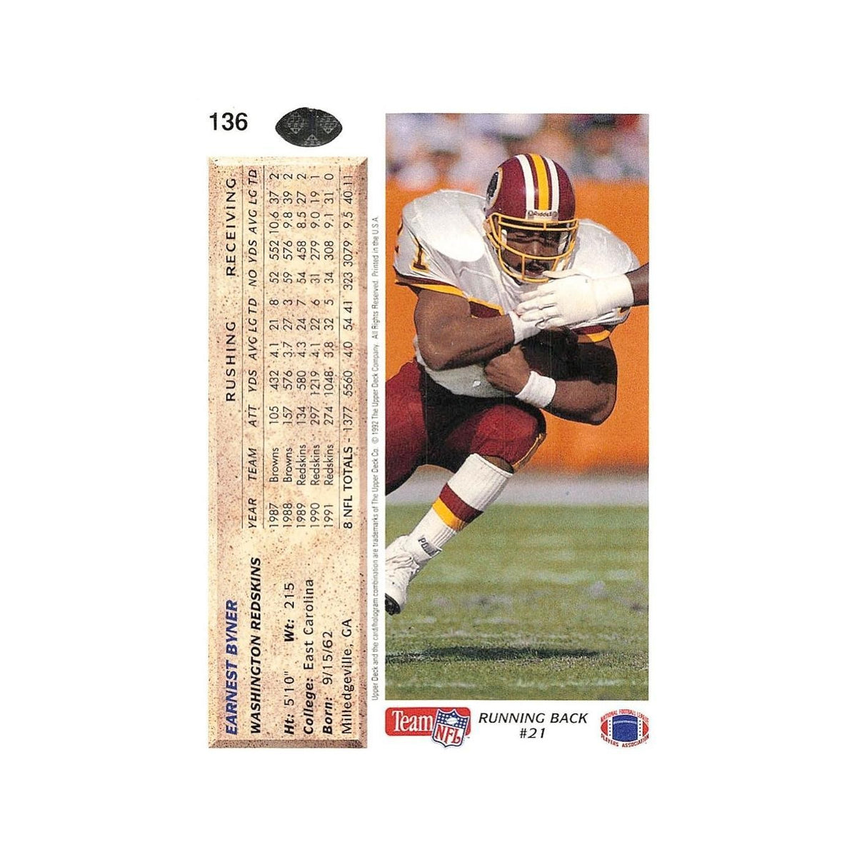 Earnest Byner 1992 Upper Deck #136 Washington Redskins Football Card NM