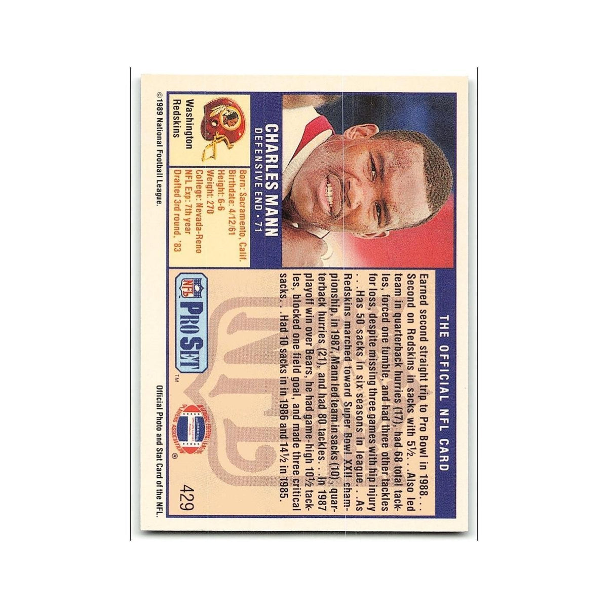 Charles Mann 1989 Pro Set #429 Washington Redskins Football Card NM
