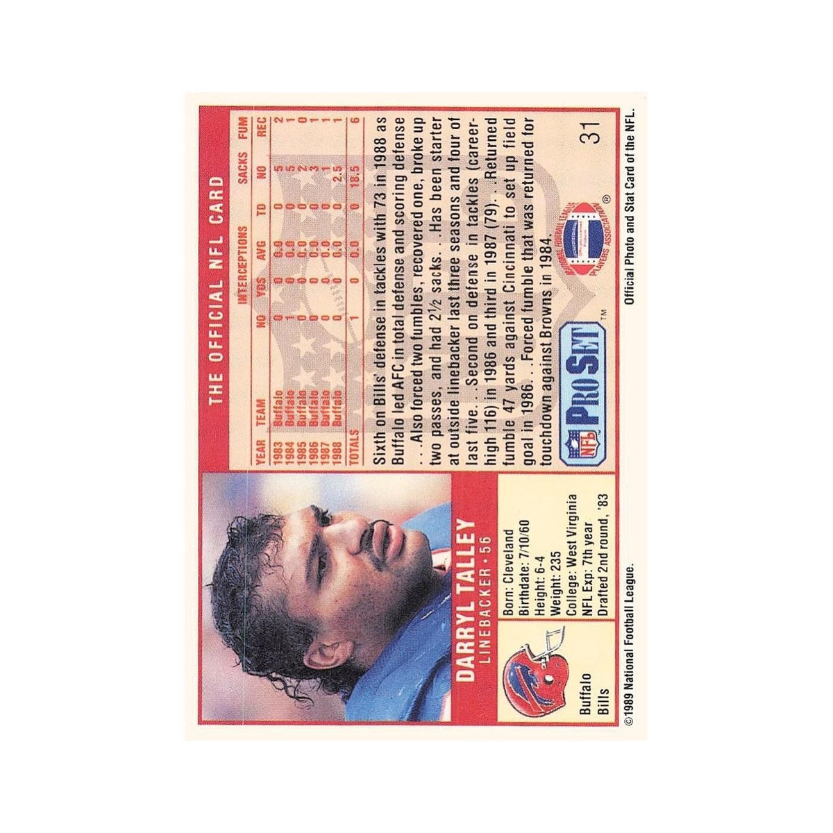 Darryl Talley 1989 Pro Set #31 Buffalo Bills Football Card NM