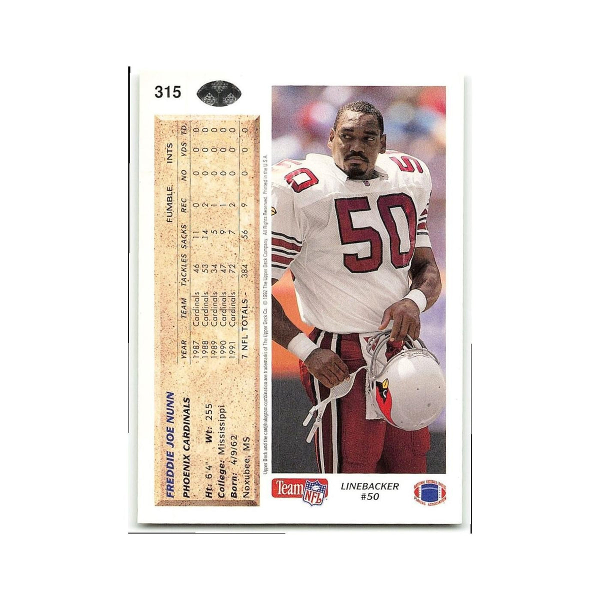 Freddie Joe Nunn 1992 Upper Deck #315 Phoenix Cardinals Football Card NM