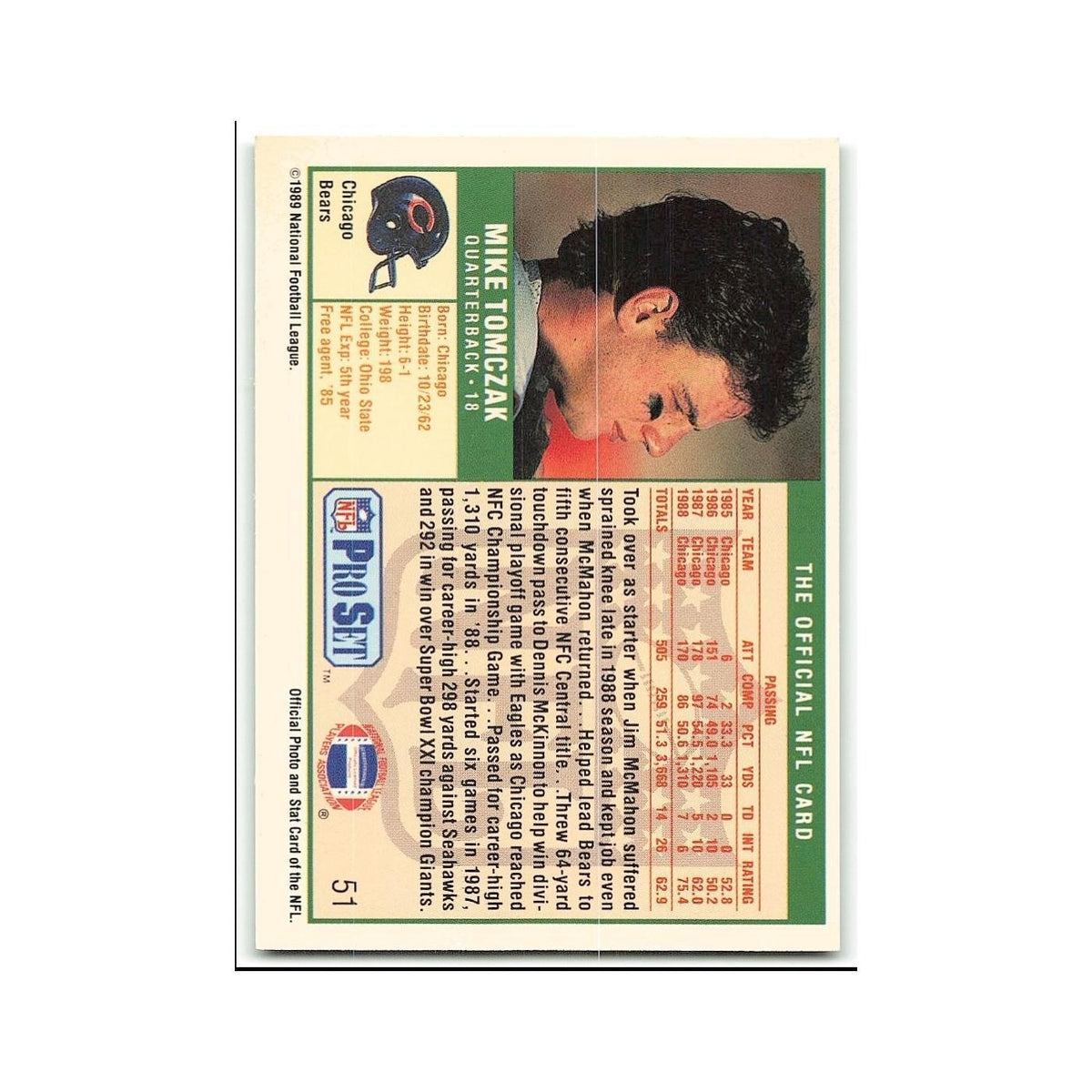Mike Tomczak 1989 Pro Set #51 Chicago Bears Football Card NM