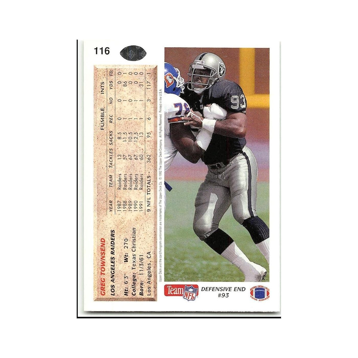 Greg Townsend 1992 Upper Deck #116 Los Angeles Raiders Football Card NM