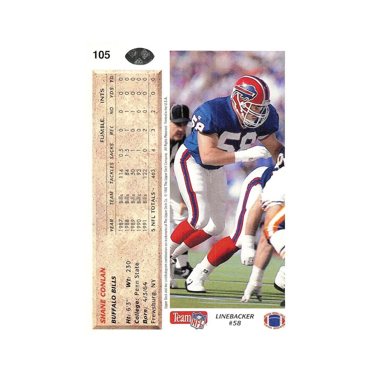 Shane Conlan 1992 Upper Deck #105 Buffalo Bills Football Card NM