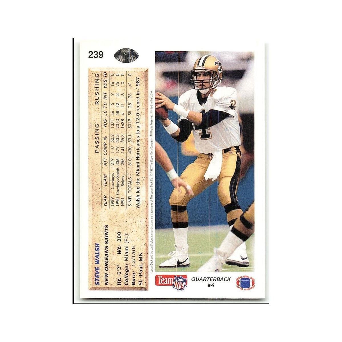 Steve Walsh 1992 Upper Deck #239 New Orleans Saints Football Card NM