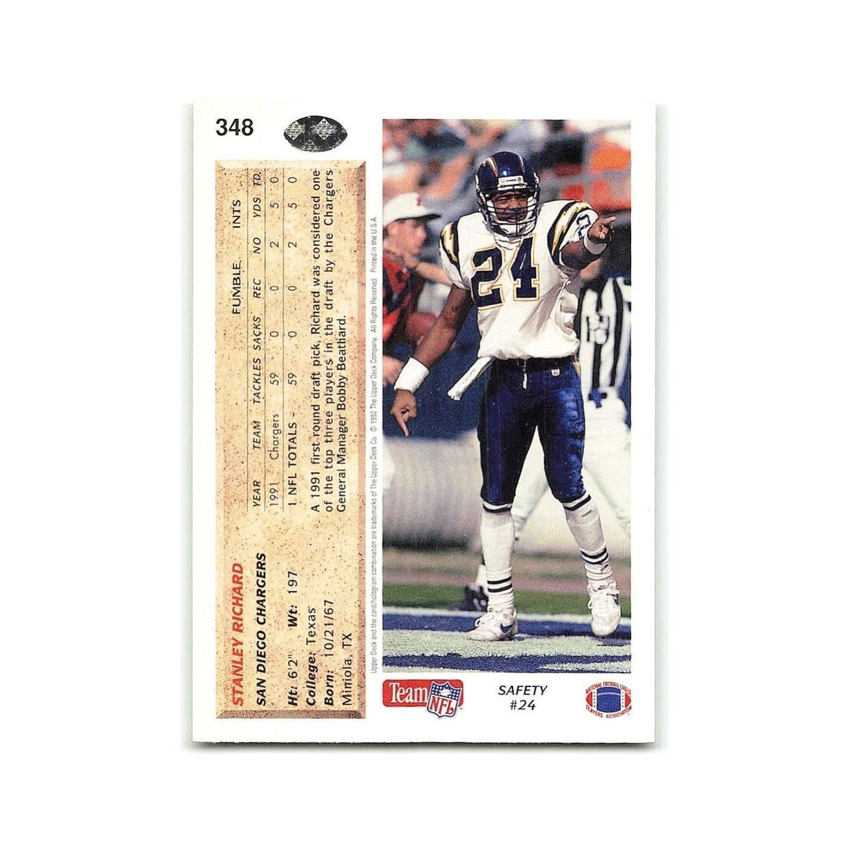 Stanley Richard 1992 Upper Deck #348 San Diego Chargers Football Card NM