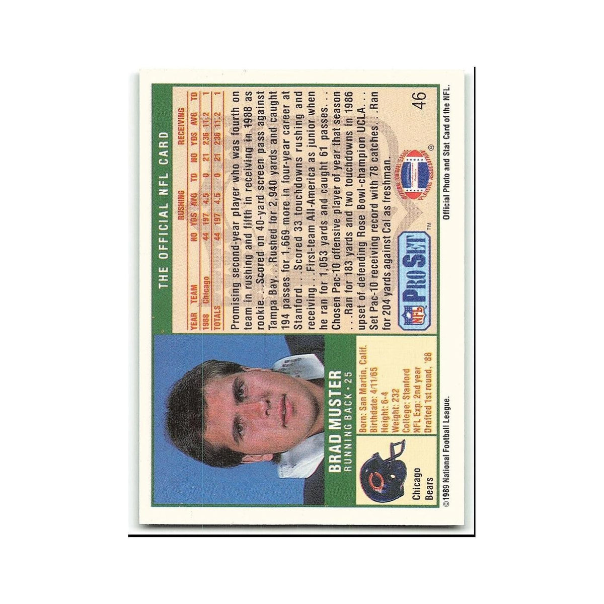 Brad Muster Rookie 1989 Pro Set #46 Chicago Bears Football Card NM