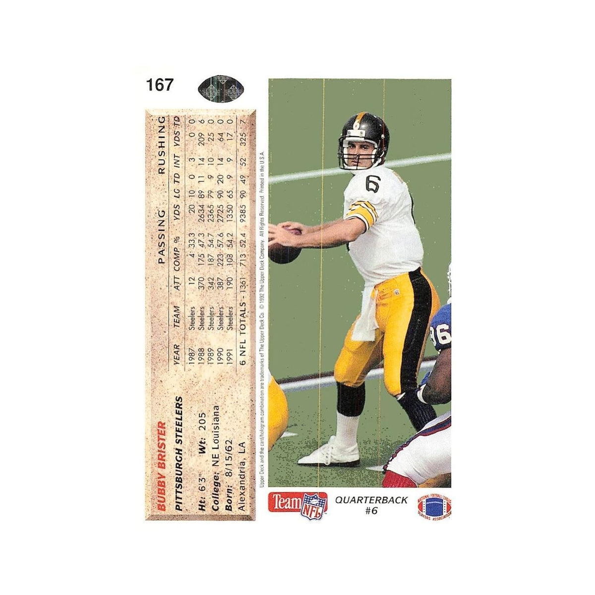 Bubby Brister 1992 Upper Deck #167 Pittsburgh Steelers Football Card NM
