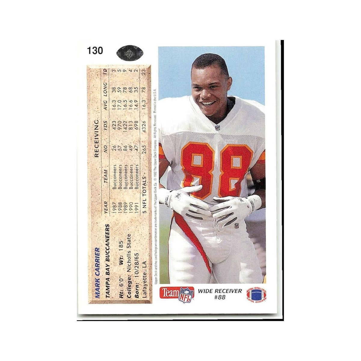 Mark Carrier 1992 Upper Deck #130 Tampa Bay Buccaneers Football Card NM