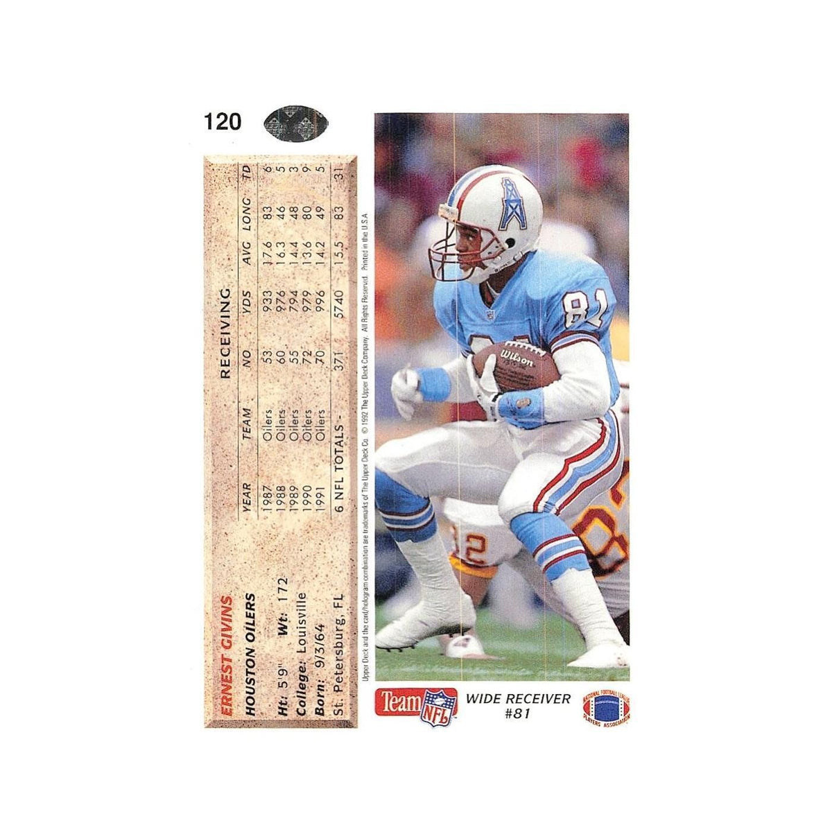 Ernest Givins 1992 Upper Deck #120 Houston Oilers Football Card NM