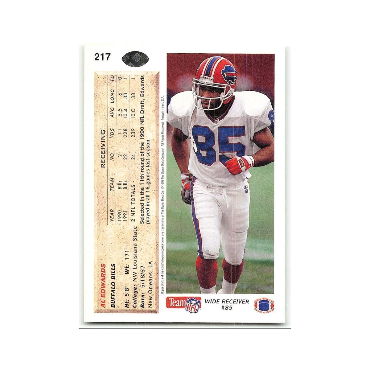 Al Edwards 1992 Upper Deck #217 Buffalo Bills Football Card NM