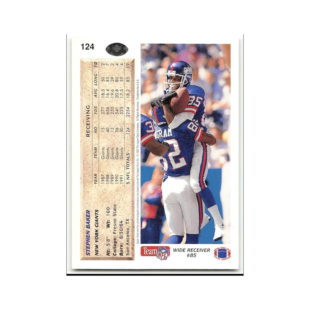 Stephen Baker 1992 Upper Deck #124 New York Giants Football Card NM