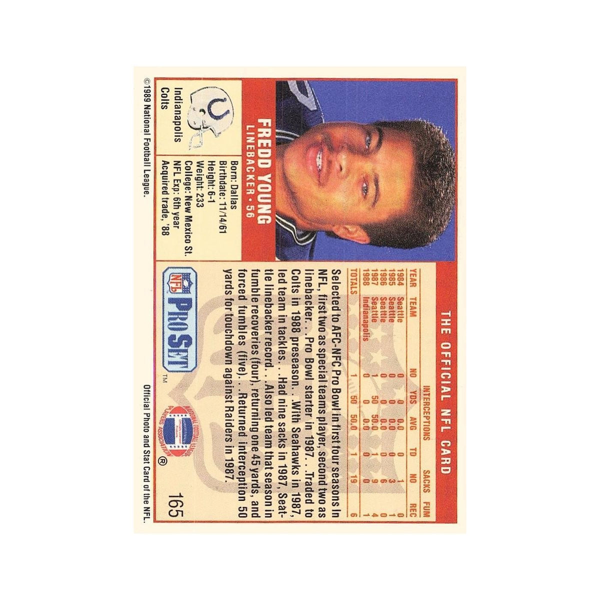 Fredd Young 1989 Pro Set #165 Indianapolis Colts Football Card NM