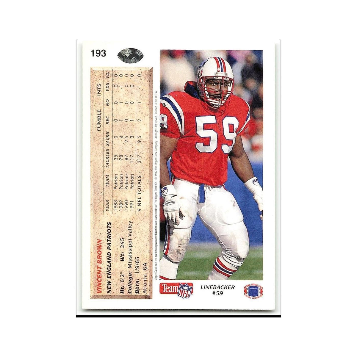Vincent Brown 1992 Upper Deck #193 New England Patriots Football Card NM