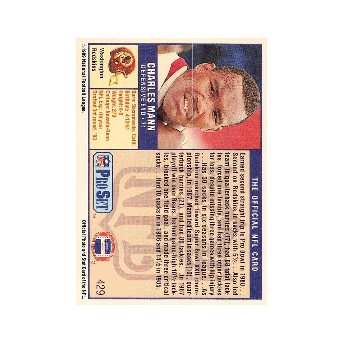 Charles Mann 1989 Pro Set #429 Washington Redskins Football Card NM