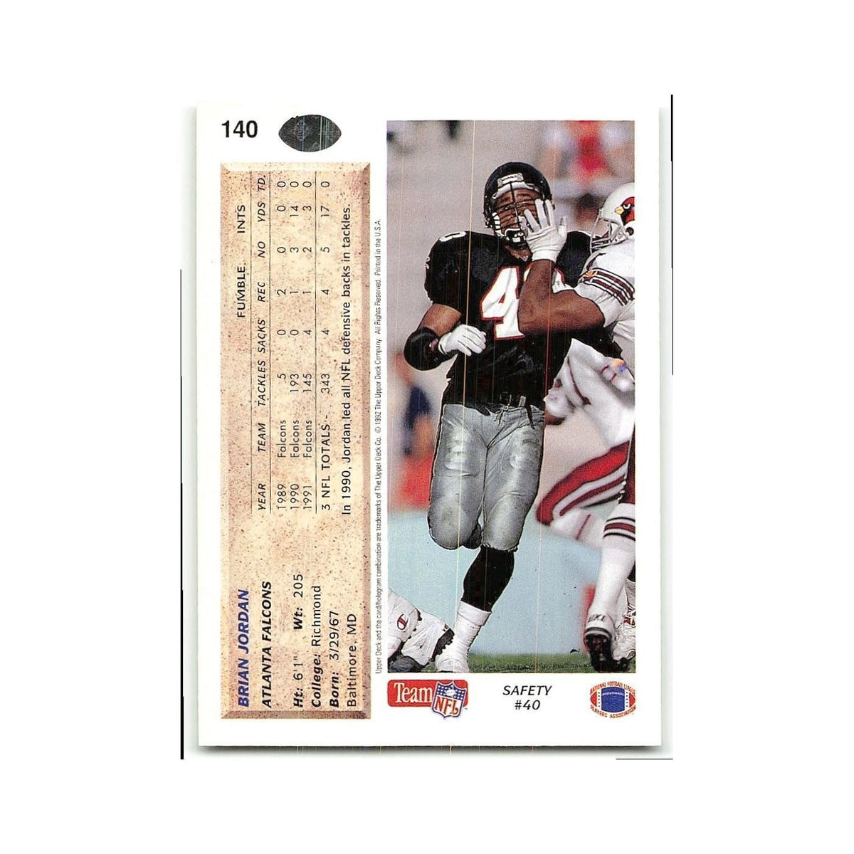 Brian Jordan 1992 Upper Deck #140 Atlanta Falcons Football Card NM