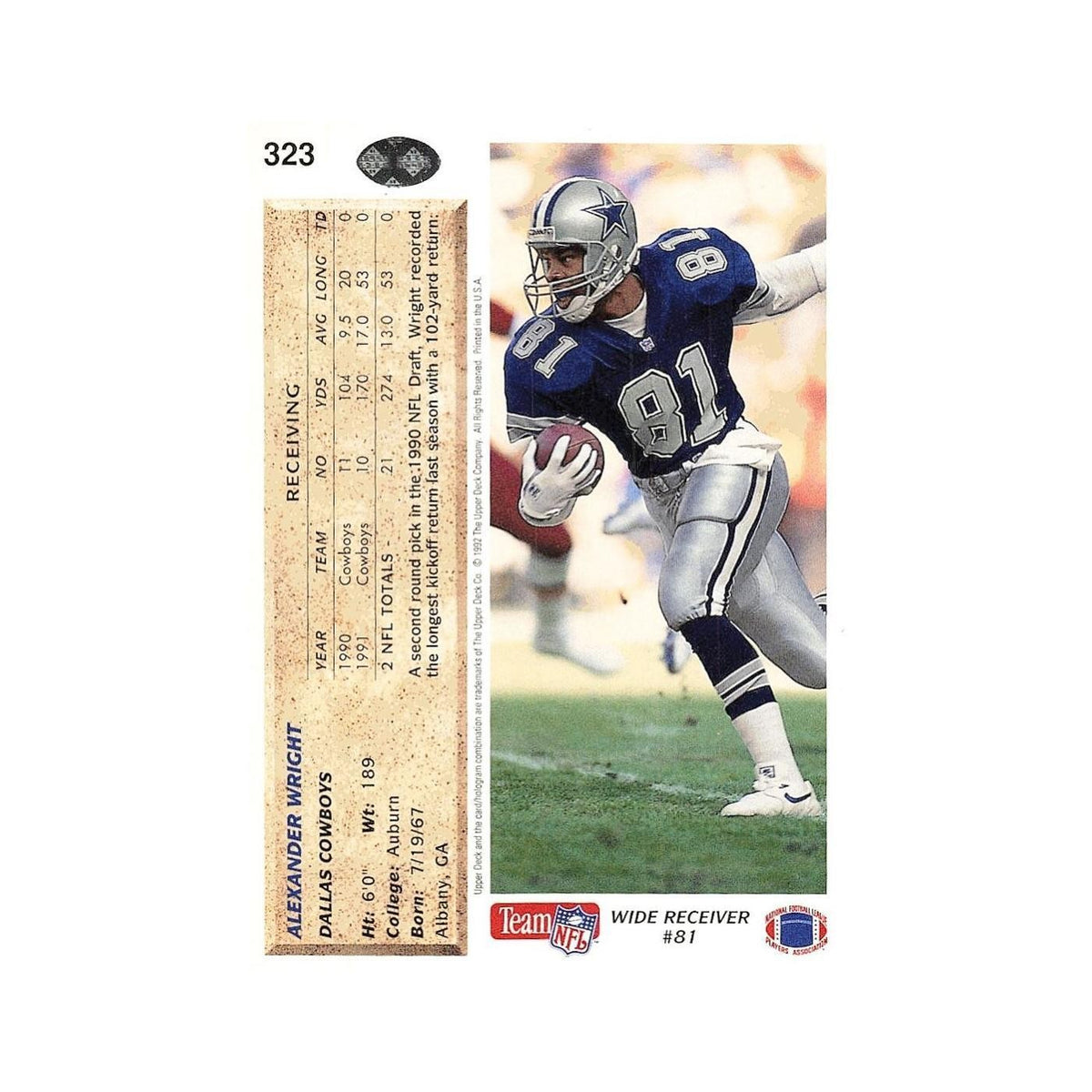 Alexander Wright 1992 Upper Deck #323 Dallas Cowboys Football Card NM