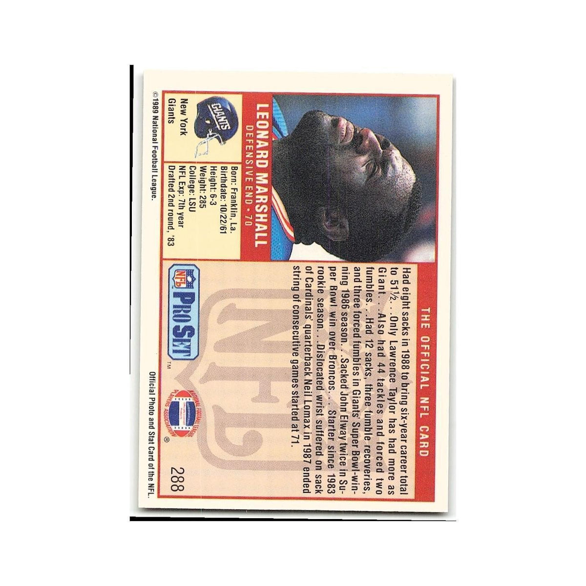 Leonard Marshall 1989 Pro Set #288 New York Giants Football Card NM
