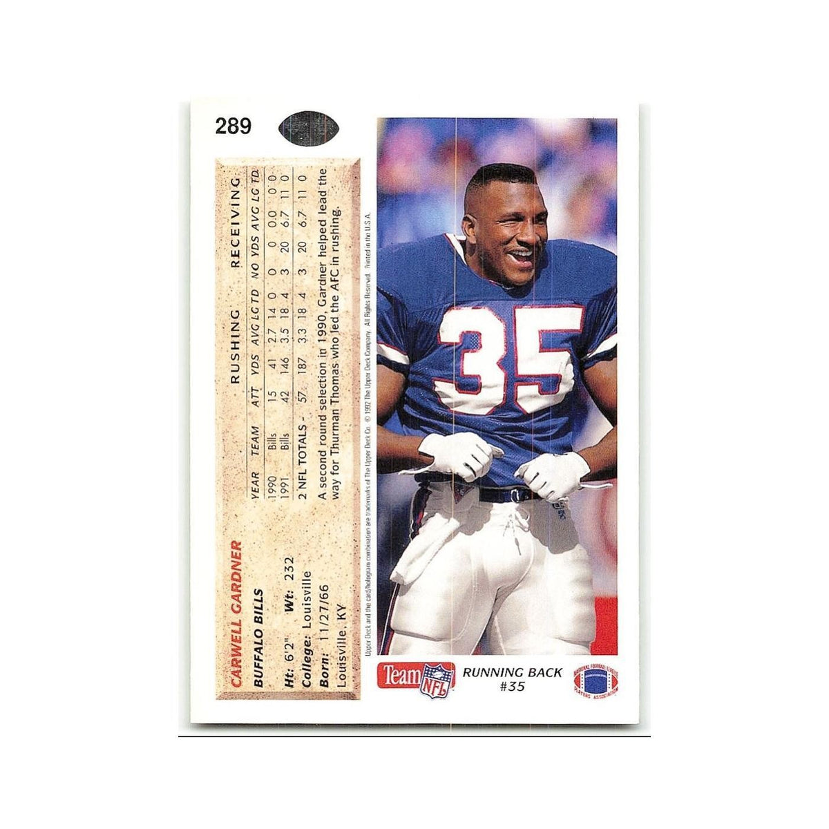 Carwell Gardner 1992 Upper Deck #289 Buffalo Bills Football Card NM