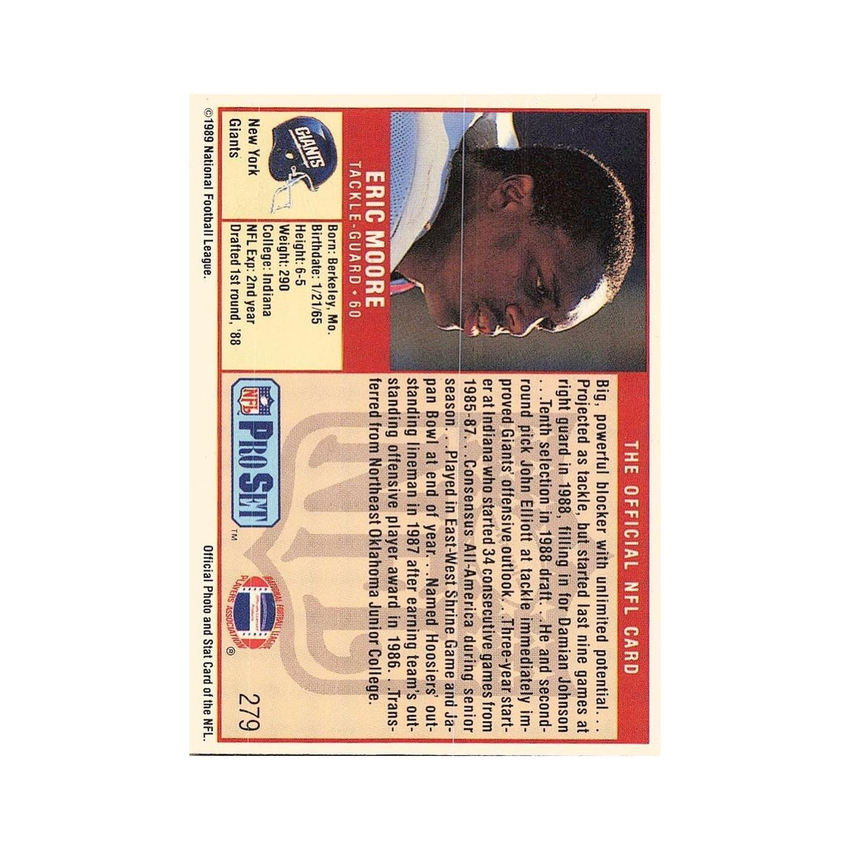 Eric Moore Rookie 1989 Pro Set #279 New York Giants Football Card NM