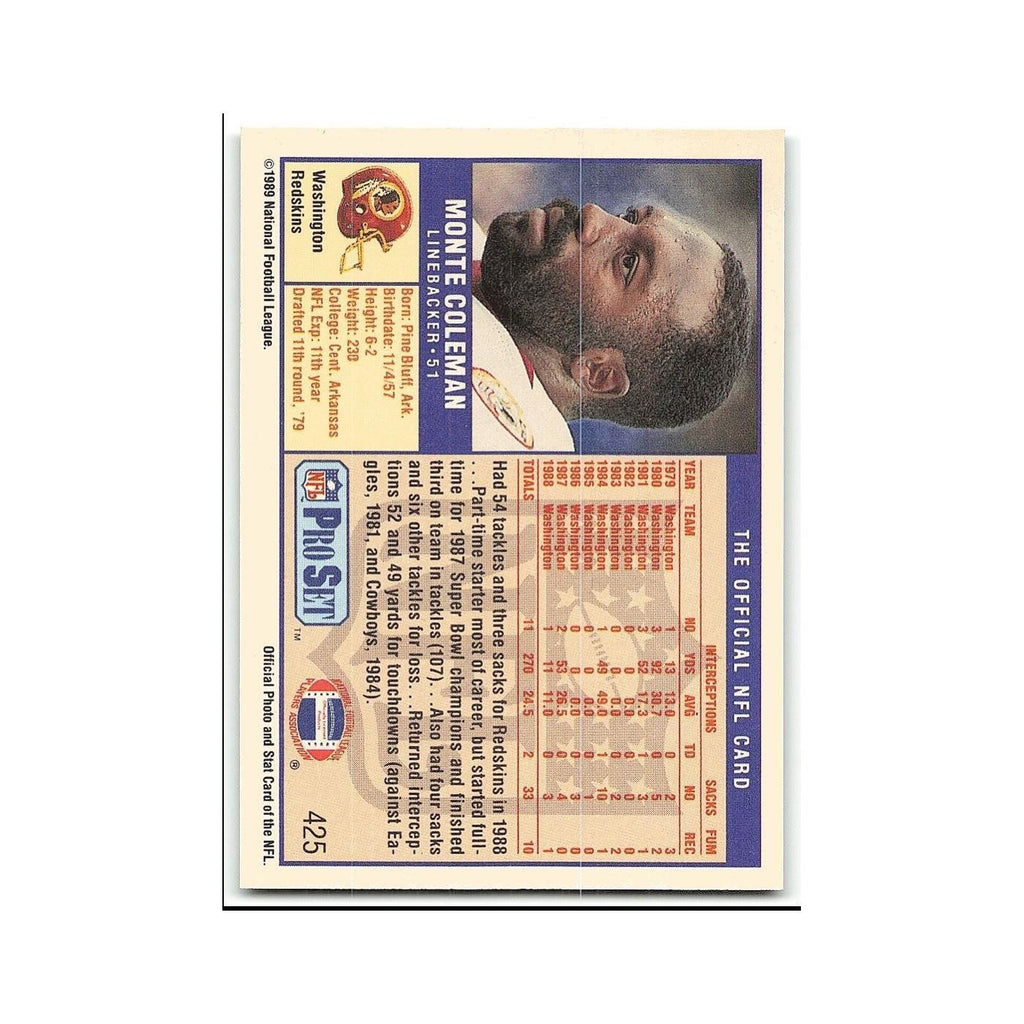 Monte Coleman 1989 Pro Set #425 Washington Redskins Football Card NM