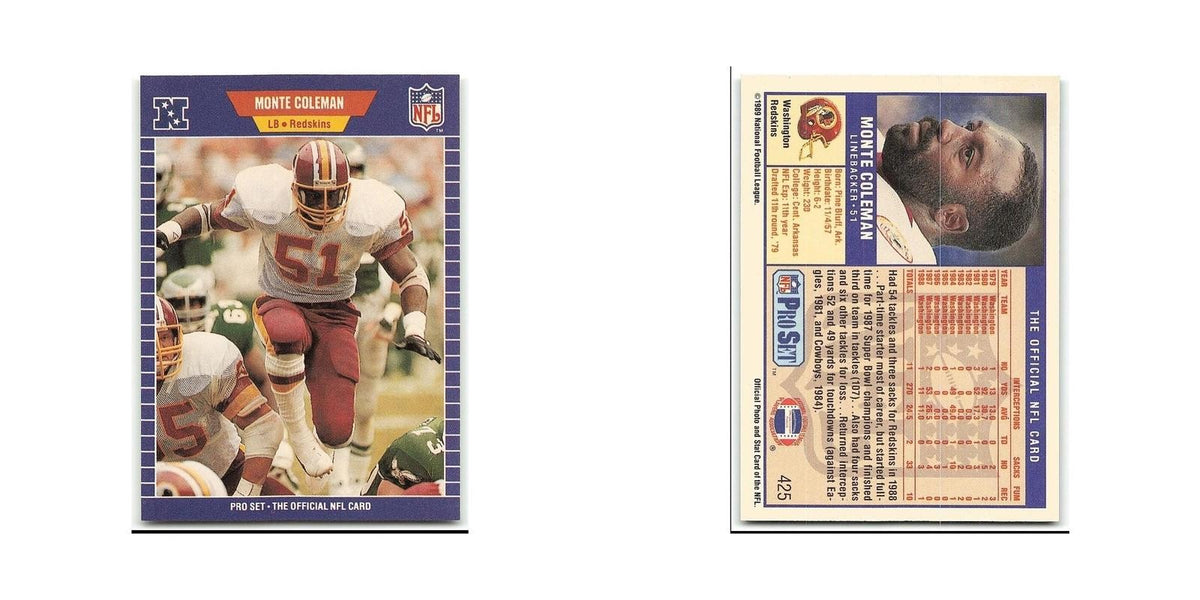 Monte Coleman 1989 Pro Set #425 Washington Redskins Football Card NM