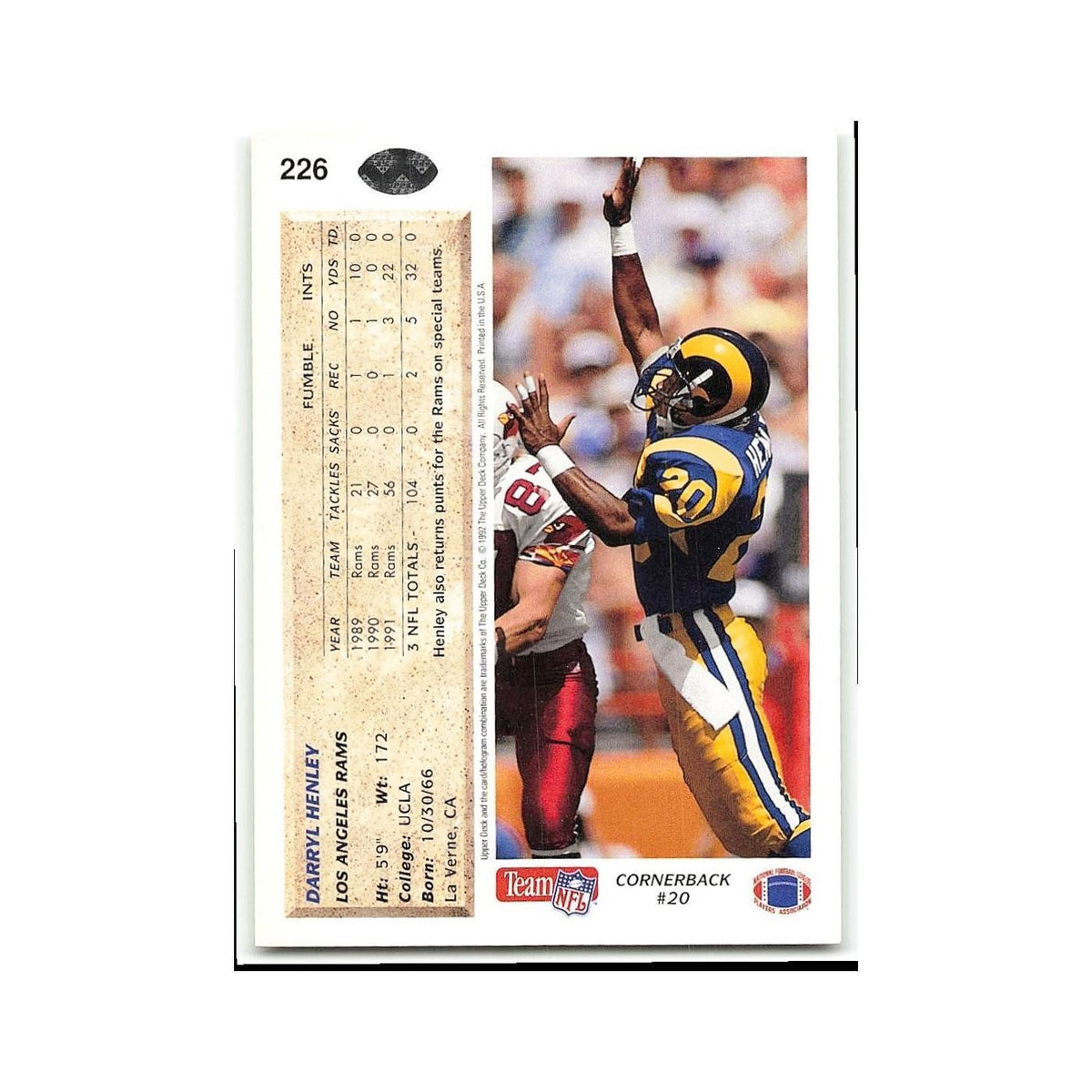 Darryl Henley 1992 Upper Deck #226 Los Angeles Rams Football Card NM