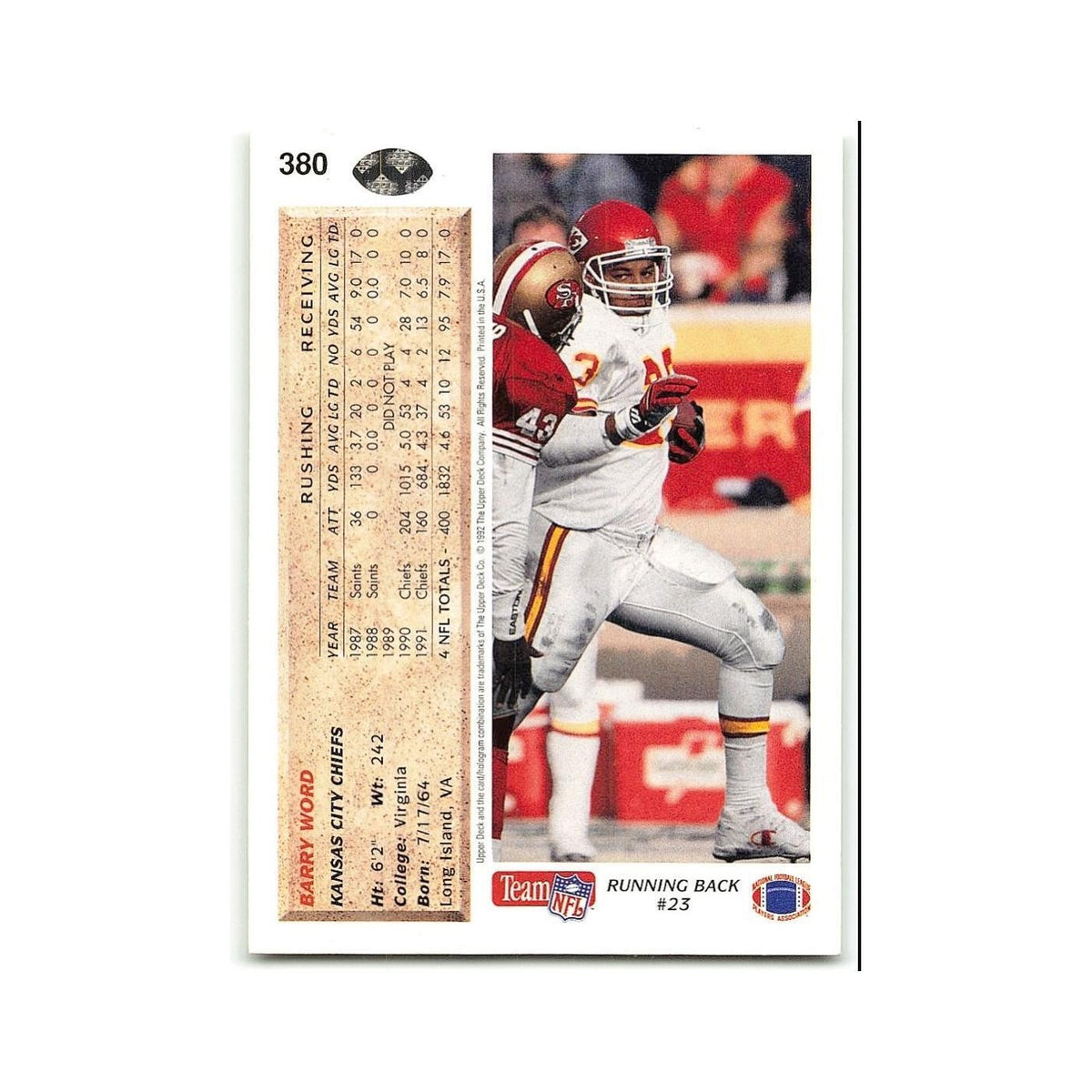 Barry Word 1992 Upper Deck #380 Kansas City Chiefs Football Card NM