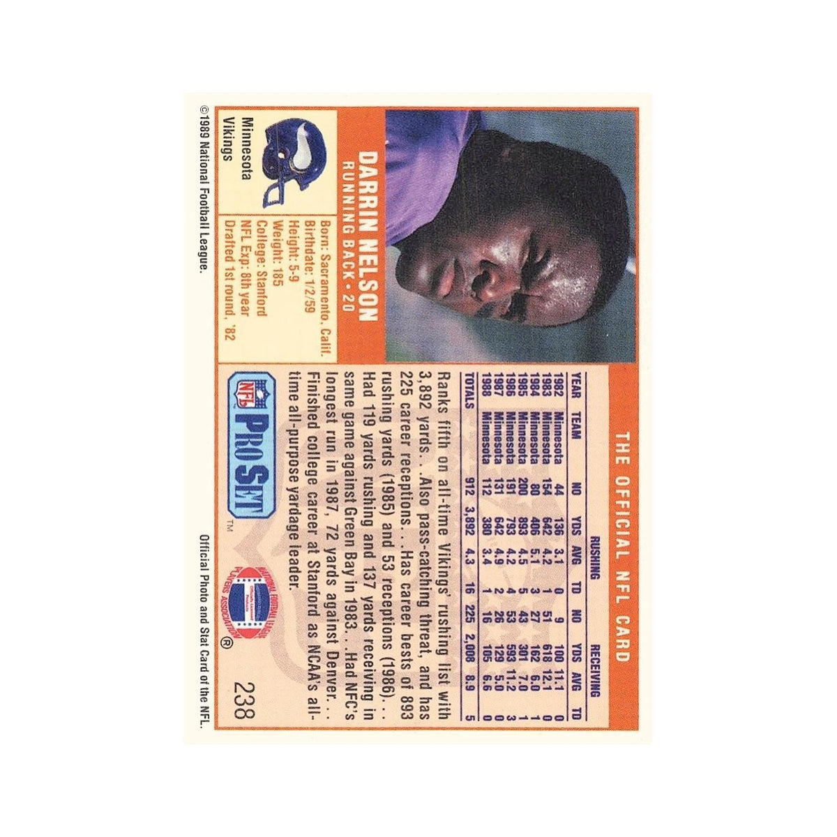 Darrin Nelson 1989 Pro Set #238 Minnesota Vikings Football Card NM