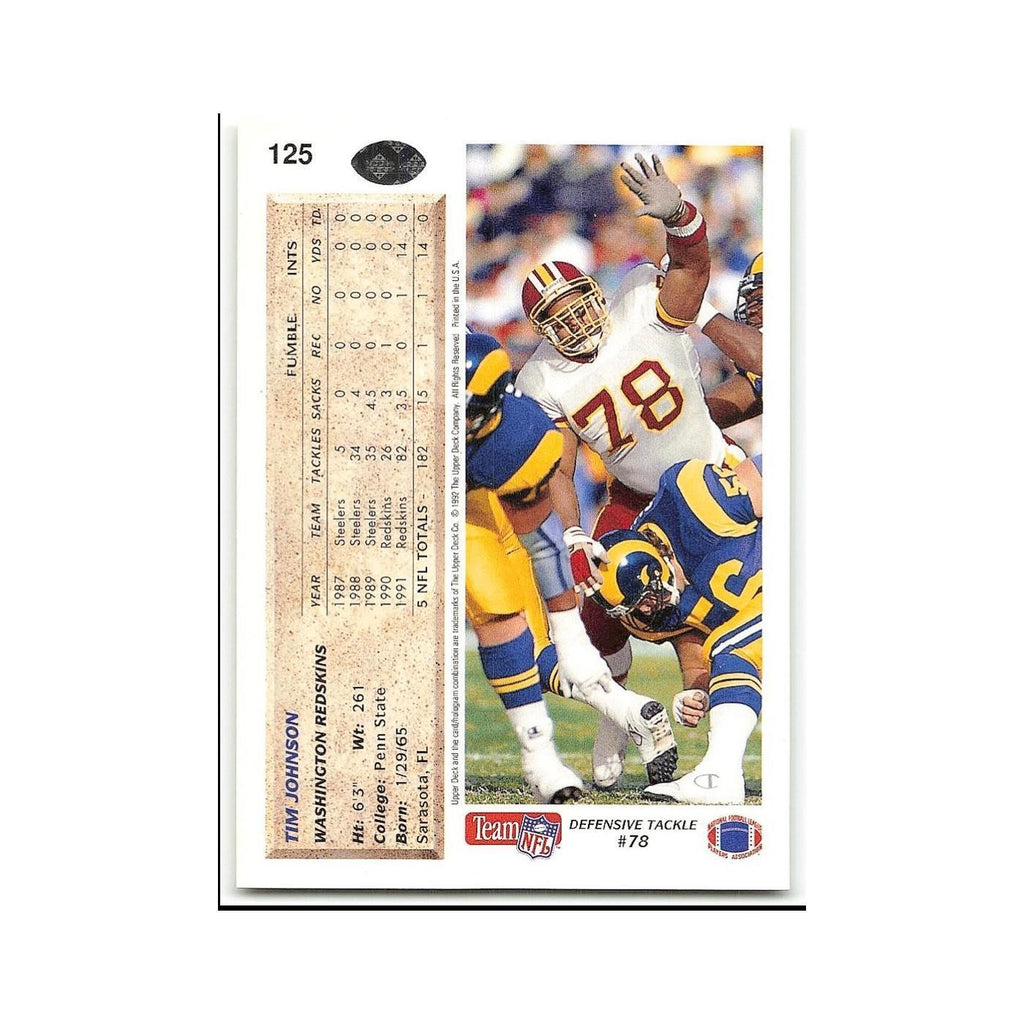 Tim Johnson 1992 Upper Deck #125 Washington Redskins Football Card NM