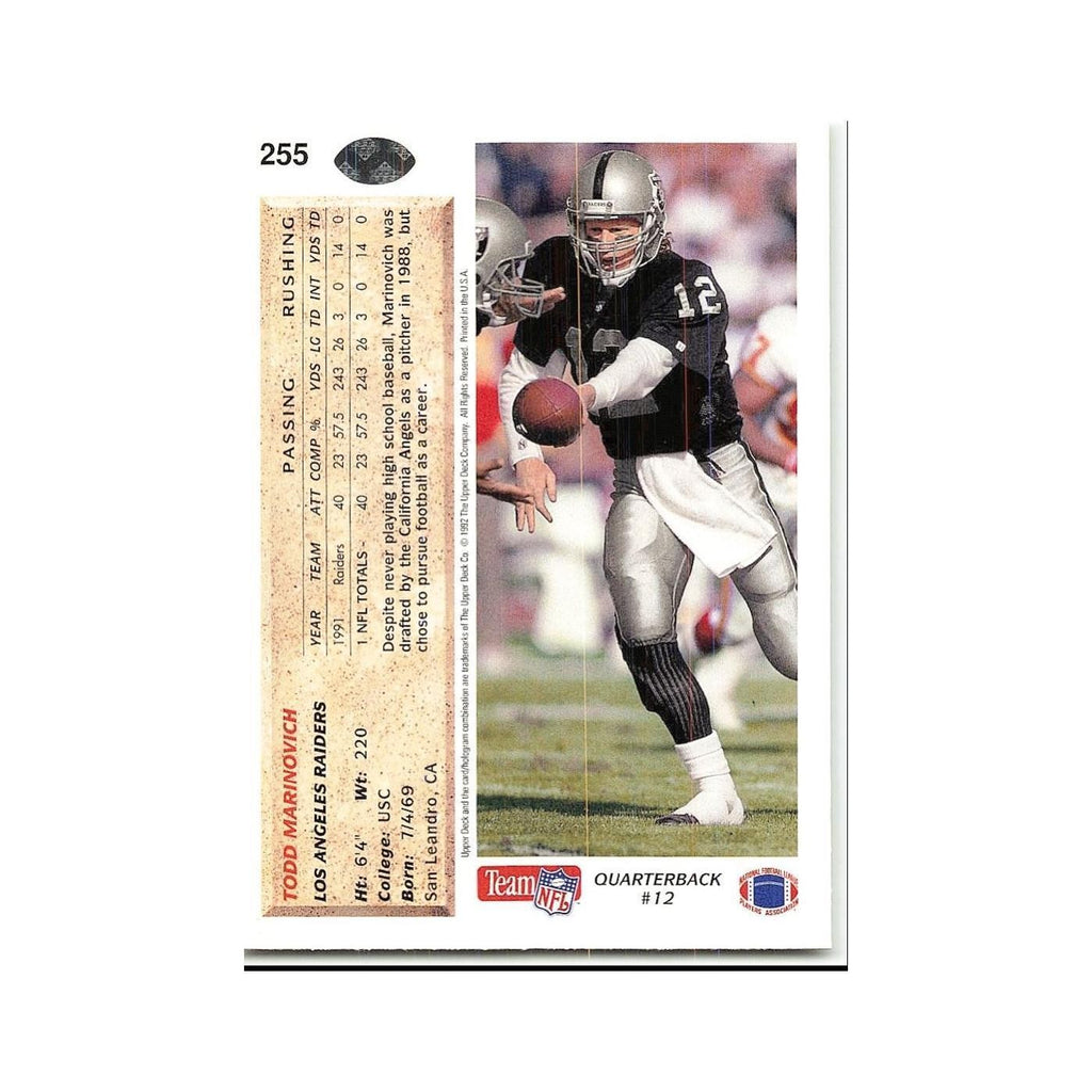 Todd Marinovich 1992 Upper Deck #255 Los Angeles Raiders Football Card NM