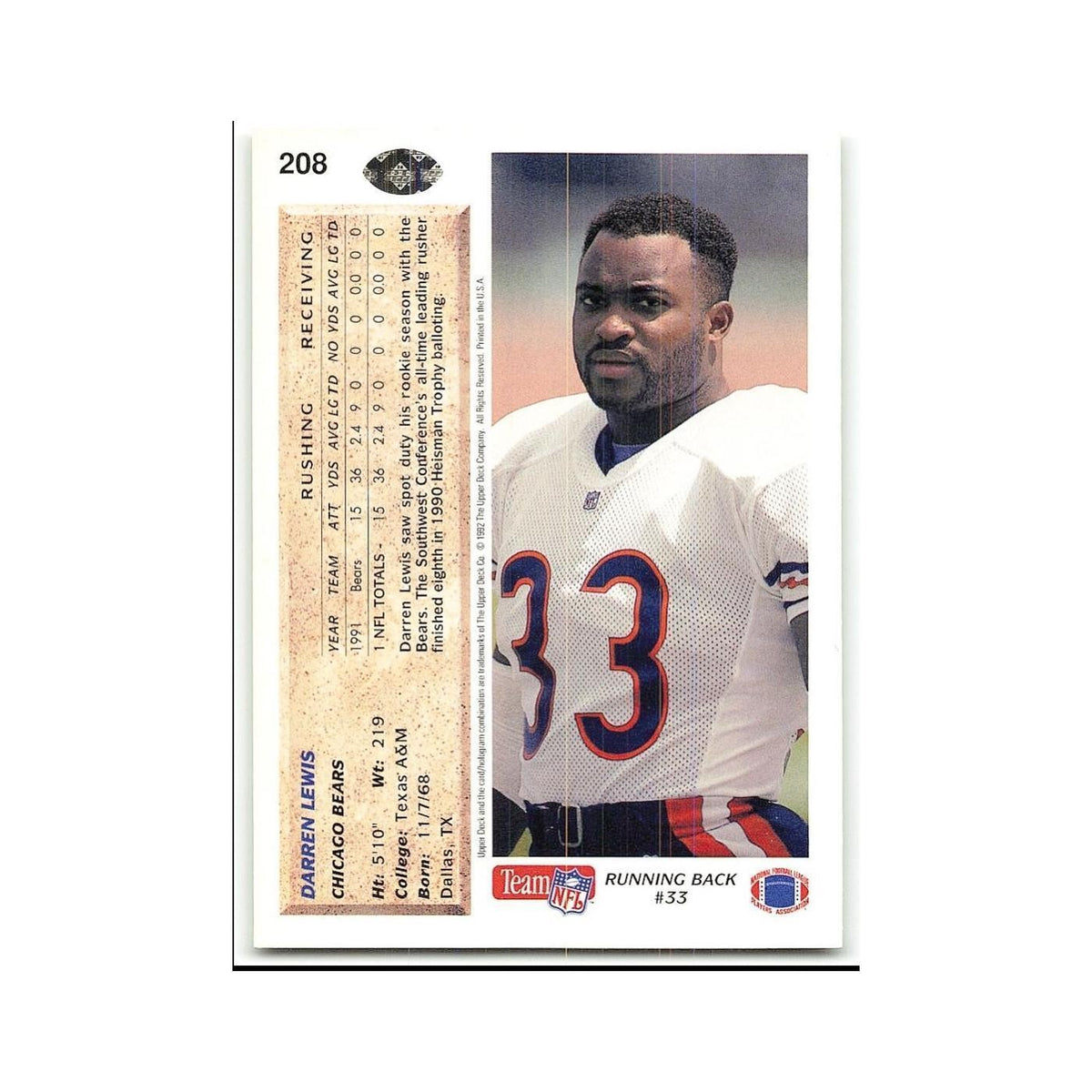 Darren Lewis 1992 Upper Deck #208 Chicago Bears Football Card NM