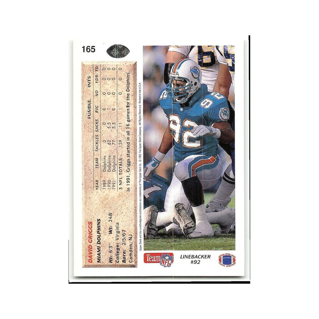 David Griggs 1992 Upper Deck #165 Miami Dolphins Football Card NM