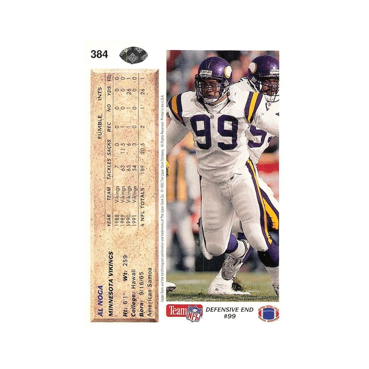 Al Noga 1992 Upper Deck #384 Minnesota Vikings Football Card NM