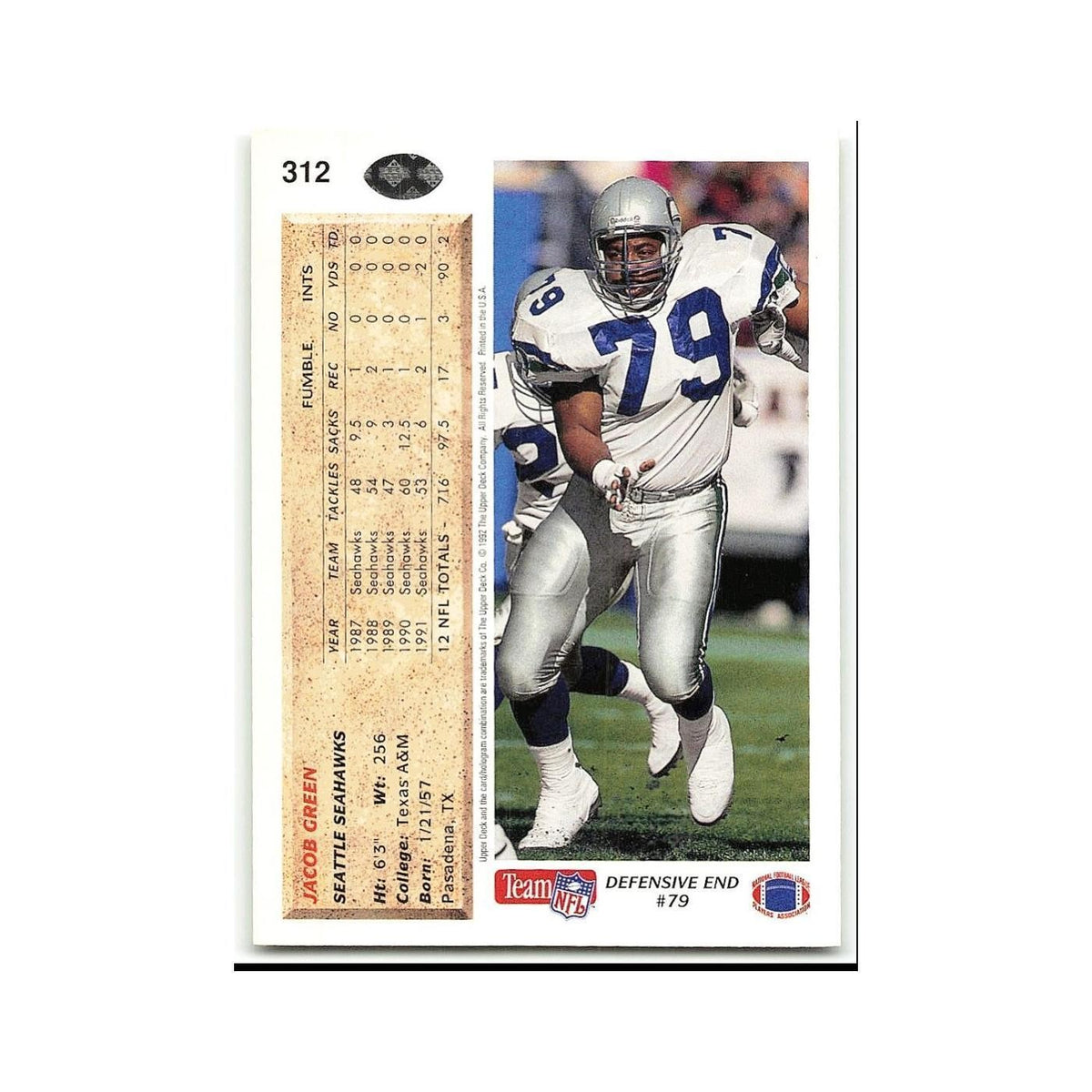 Jacob Green 1992 Upper Deck #312 Seattle Seahawks Football Card NM